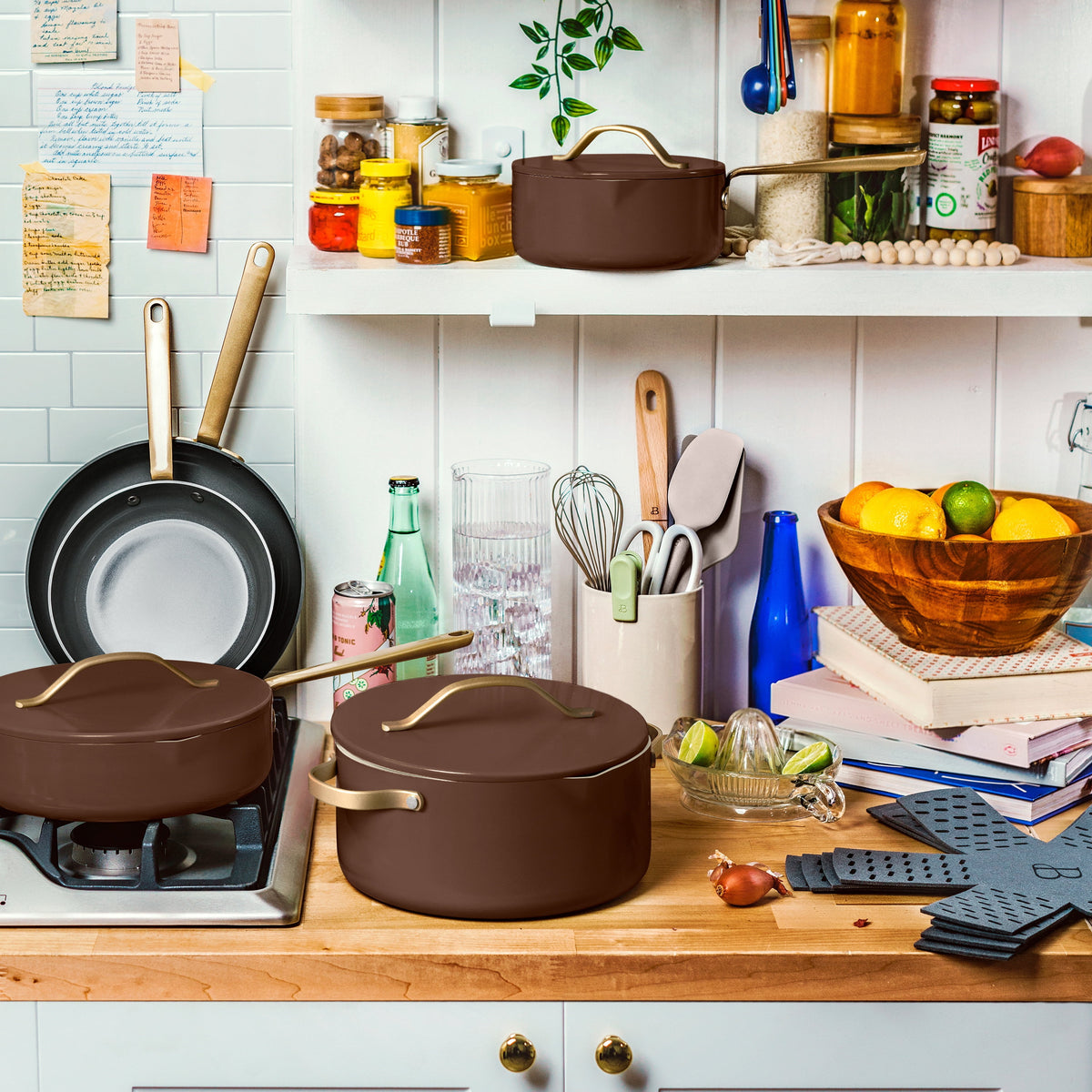 Beautiful 12-Piece Cookware Set, Pots and Pans with Strainer Lids and EverGood Ceramic Nonstick Coating, White Icing by Drew Barrymore