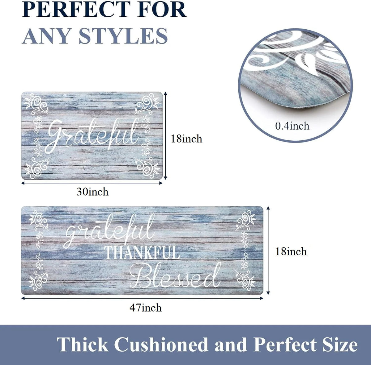 Findosom 2pcs Kitchen Rug Set, 18"x30"+18"x47" Non-slip Anti-Fatigue Kitchen Mats Farmhouse Waterproof Kitchen Runner,Ergonomic Comfort Cushioned Standing Mat for Floor,Home,Office,Sink,Laundry Blue