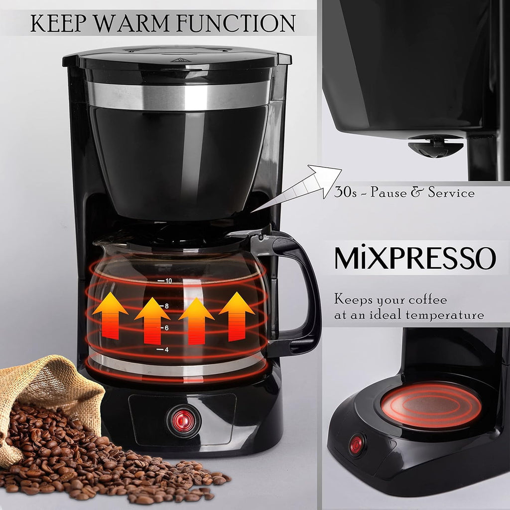 Mixpresso 12 Cup Coffee Pot, Auto-Off & Reusable Filter, Large Drip Coffee Maker 12 Cup Borosilicate Glass Carafe, Anti-Drip Coffee Machine Water Level Window, Black Electric Coffee Maker