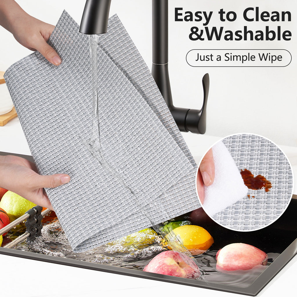 VCVCOO Navy Blue Placemats Set of 4 - Easy Clean Washable PVC Vinyl Placemats - Wipeable Heat Resistant Woven Table Mats for Dining Table - 12x18 inch