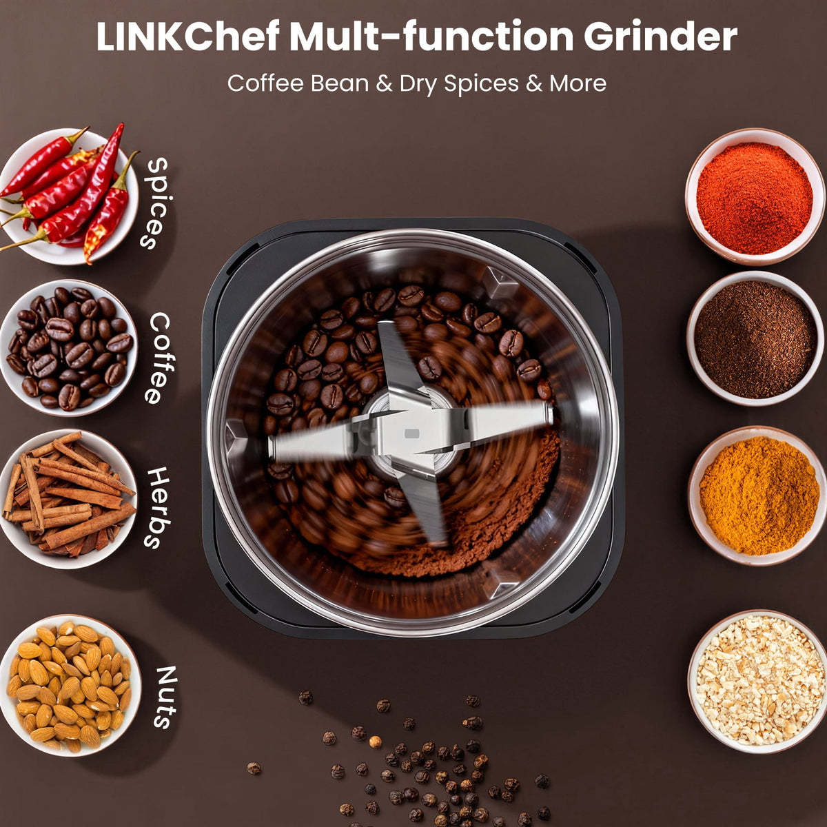LINKChef Coffee Grinder, Coffee Bean Grinder, Spice Grinder with Stainless Steel Four Blades Perfect for Coffee Beans, Spice, Tea (Black)