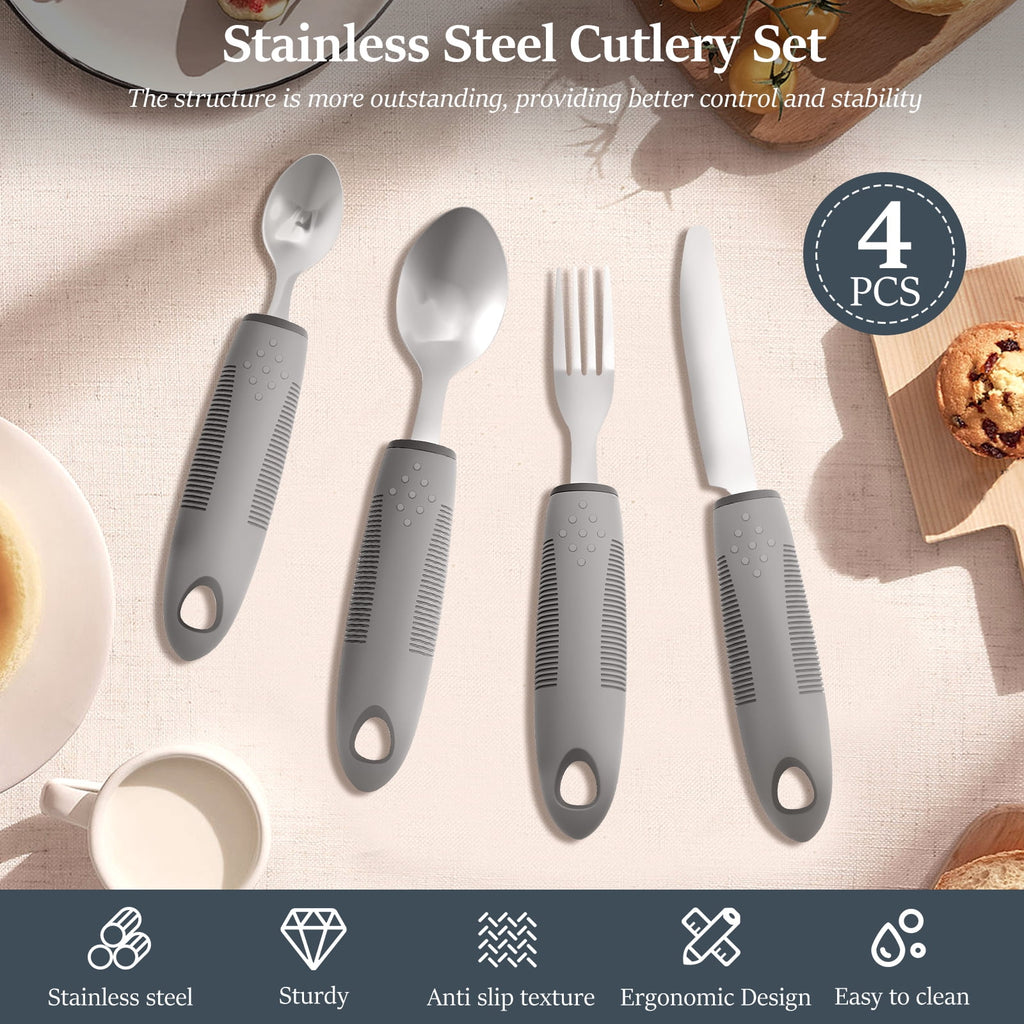 Jetcloudlive 4 Pcs Adaptive Utensils Stainless Steel Built up Utensils for Adults Complete Weighted Silverware Set Nonslip Easy Grip Silverware