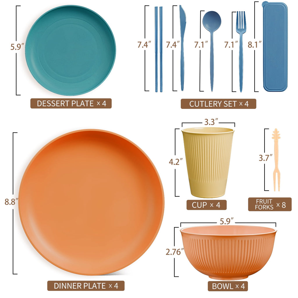 TINANA Wheat Straw Dinnerware Set, Service for 4, 48 PCS Unbreakable Plastic Plates and Bowls Sets, Dishwasher Microwave Safe, Black