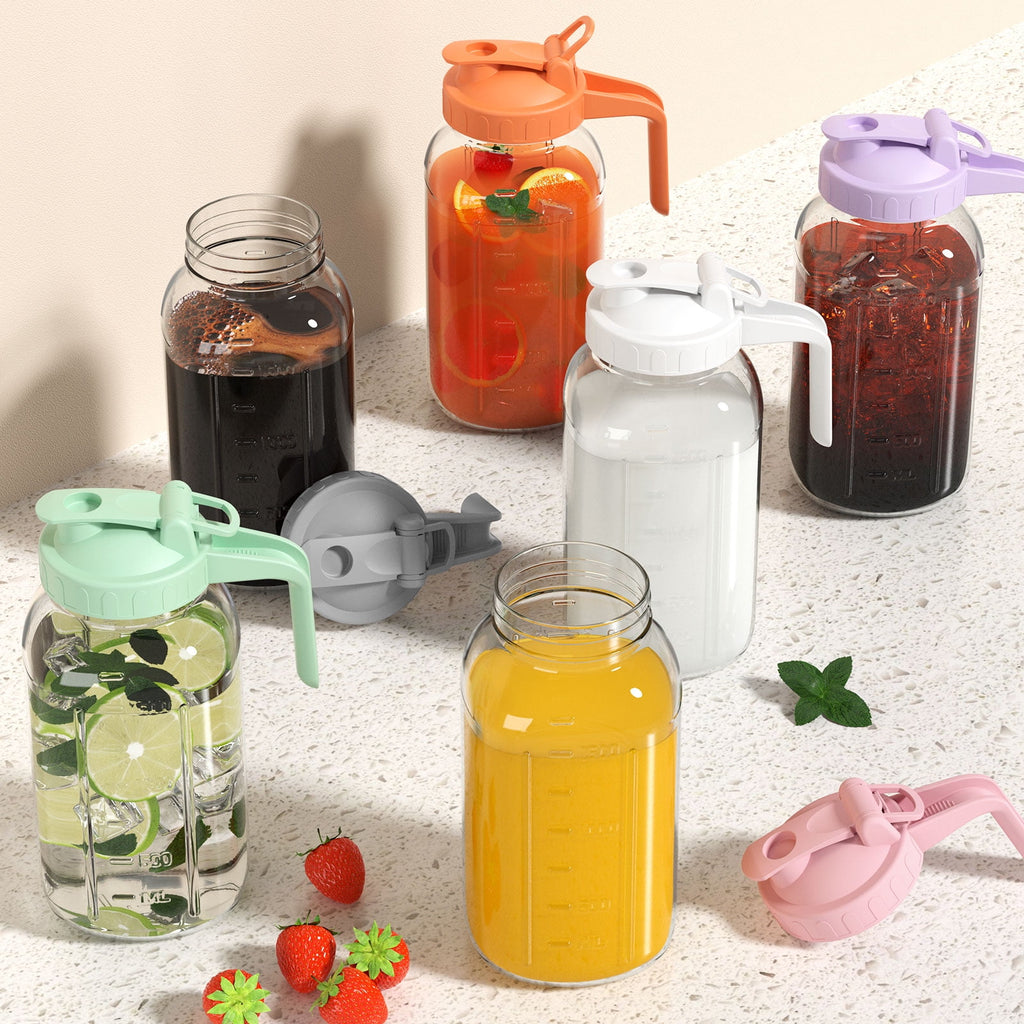 VA1KENE Glass Pitcher with Lid, Mason Jar Pitcher with Spout and Handle for Lemonade, Iced Drinks, and Sun Tea 64oz Gray