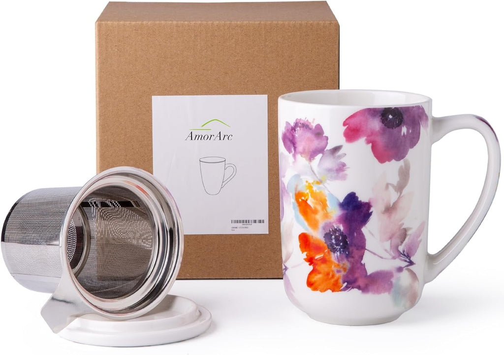 AmorArc Porcelain Tea Mug with Infuser and Lids, 18 Oz Cup Strainer Bag Holder for Loose Leaf Tea, Steeping Coffee Well-wrapped Box House-warming Wedding Birthday Gift, YelloRed