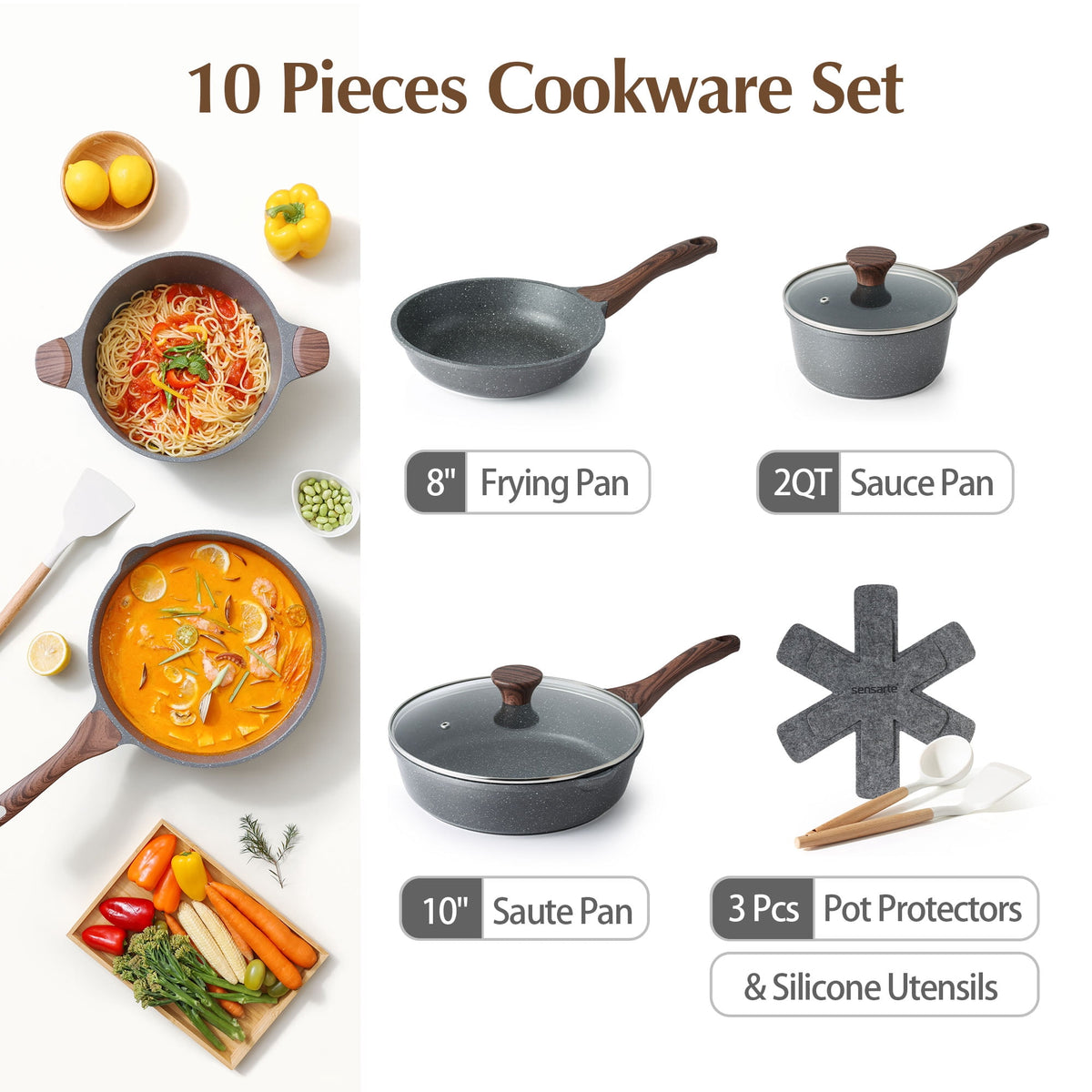 SENSARTE Ceramic Nonstick Pots and Pans Set, 10Pcs Healthy Non Stick Cookware Set with Pots Protectors, Induction Kitchen Cookware Sets, Dishwasher Safe White