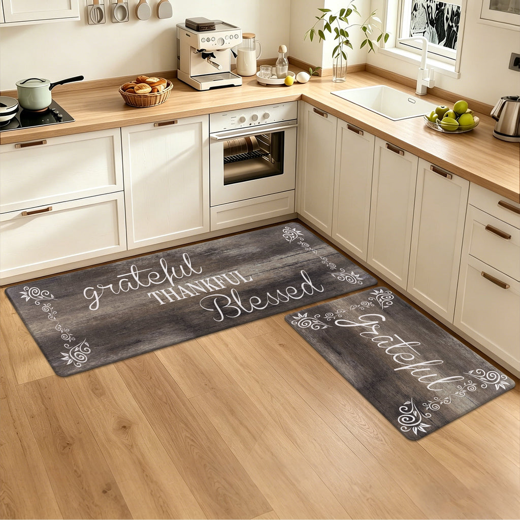 MeyJey Farmhouse Kitchen Rug Set of 2, Non-Slip Anti-Fatigue Waterproof Cushioned Mat for Kitchen, Dining & Laundry Room, 18"x30"+18"x48" Teal/Brown