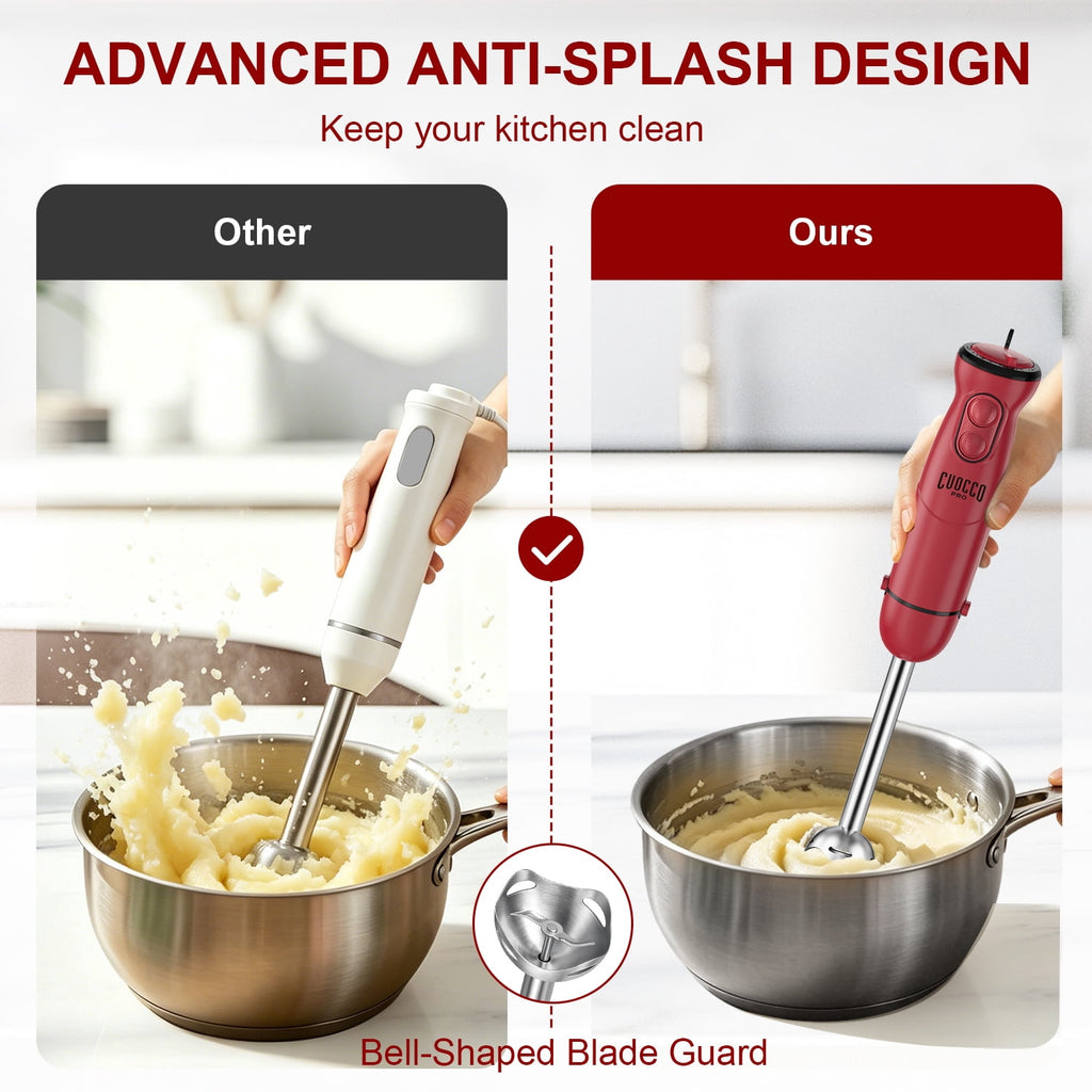 CUOCCO PRO Immersion Blender Handheld, 1100W Hand Blender with 21 Speeds & Turbo, Hand Mixer for Smoothies, Soups & Baby Food, Dishwasher Safe, Red