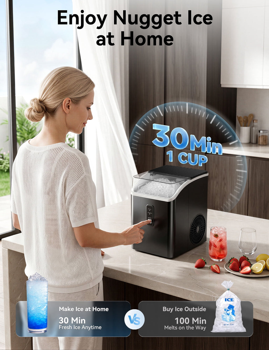 Goosiay Slim Countertop Nugget Ice Maker Machine, 33lb per Day Mini Compact Chewable Pebble Crushed Portable Ice Maker, Black