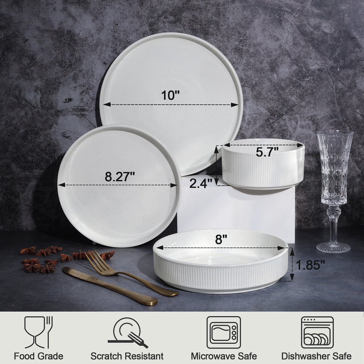 Vesteel 12 Pieces Dinnerware Set for 4, Premium Stoneware Ribbed Dishes, Chip & Scratch Resistant Plates and Bowls Set for Home Restaurant, Microwave and Dishwasher Safe - Speckled White