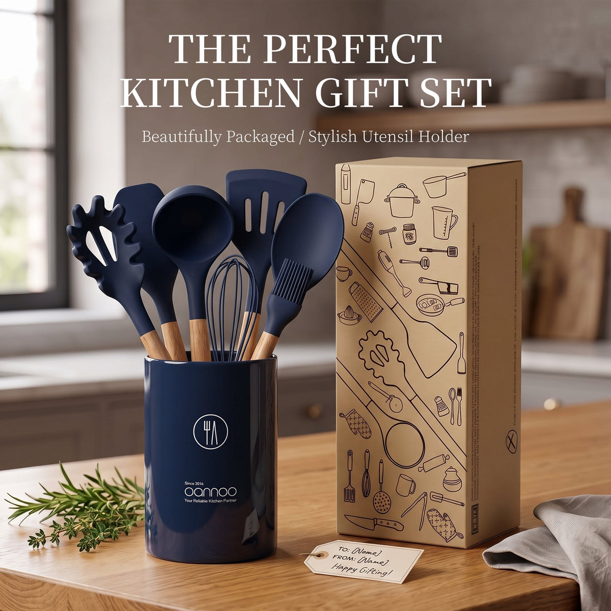 Silicone Cooking Utensils Set - Silicone Kitchen Utensils for Cooking Wooden Handles, 446°F Heat Resistant Kitchen Utensil Spatula Sets w Holder, Gadgets for Non-Stick Cookware BPA FREE (Black)