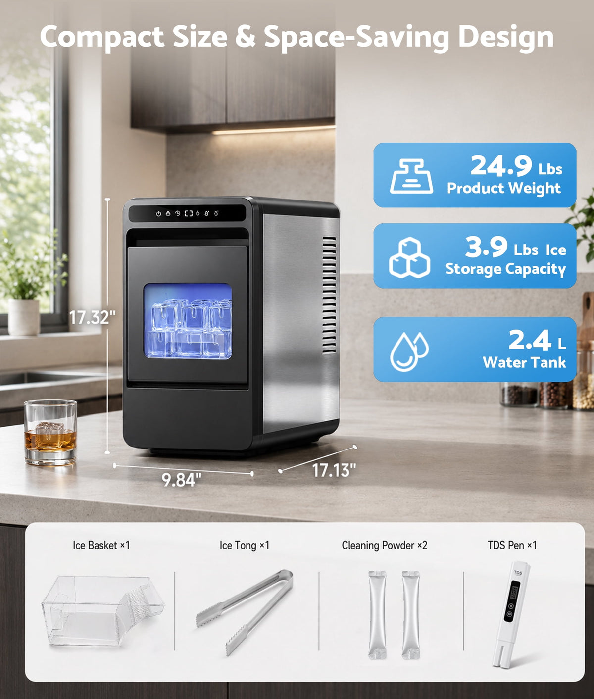 Flamemore Clear Countertop Ice Maker, 8 Crystal Clear 1.2" Large Craft Ice Cubes in 20 Mins, Portable Ice Machine with Self-Cleaning for Home Bar, Whiskey & Cocktails
