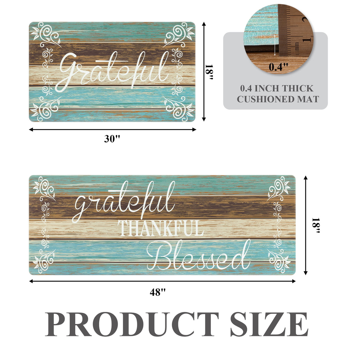 MeyJey Farmhouse Kitchen Rug Set of 2, Non-Slip Anti-Fatigue Waterproof Cushioned Mat for Kitchen, Dining & Laundry Room, 18"x30"+18"x48" Teal/Brown