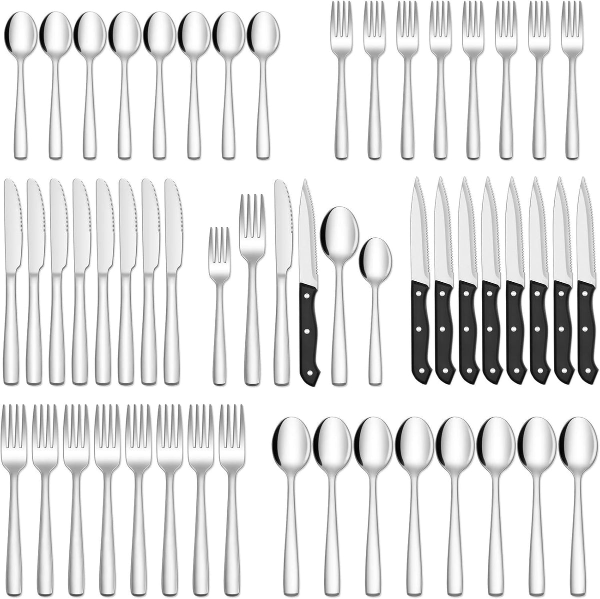Black Flatware Set, AOKIWO 48-Piece 18/8 Stainless Steel Tableware Silverware with Steak Knives for Kitchen Restaurant, Mirror Polished ,Dishwasher