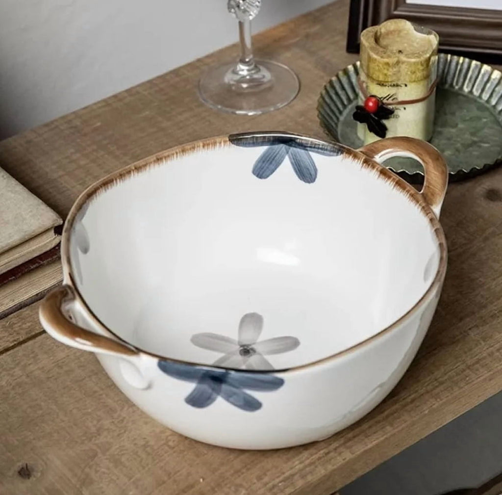 MYVIT Decorative Serving Bowl - 24oz Ceramic Soup Bowl with Handle Ramen Bowl for Salad,Pasta,Cereal,700ML Porcelain Stoneware Kitchen Dish