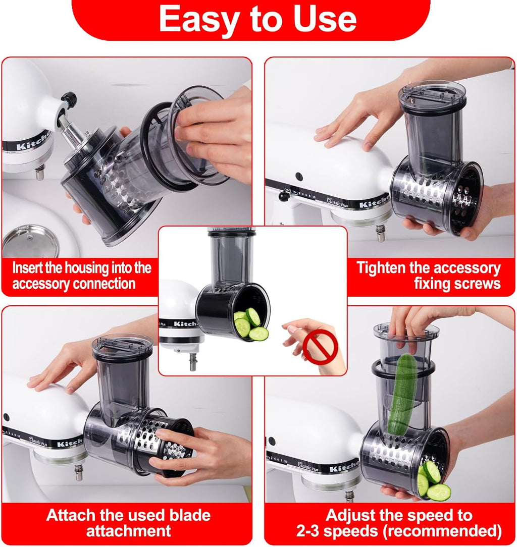 PQPO Stainless Steel Slicer Shredder Grater with 4 Blades, Compatible with KitchenAid Stand Mixer, Cheese Grater