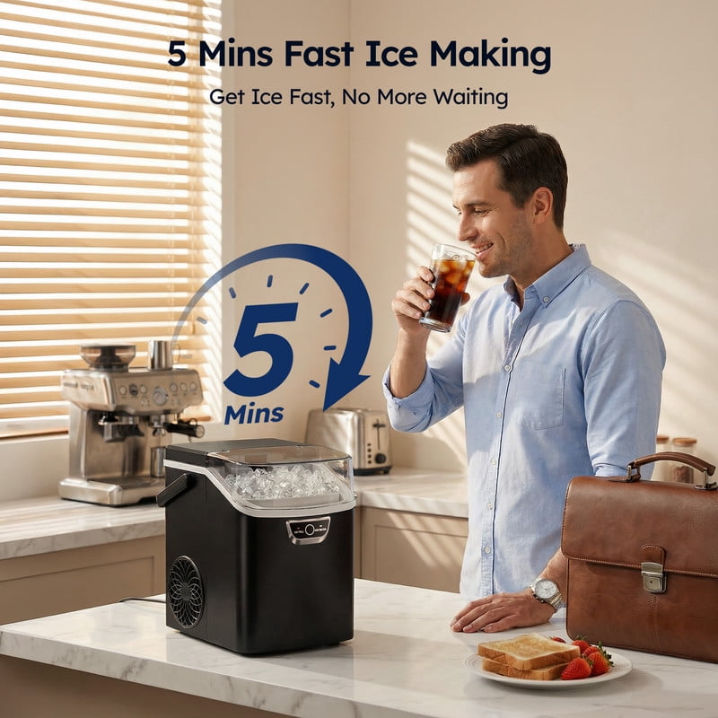 SIMZLIFE Countertop Nugget Ice Maker 33Lbs/24H, 5-Min Ice Cycle, Self-Cleaning, Portable Ice Machine with Basket & Scoop, Black