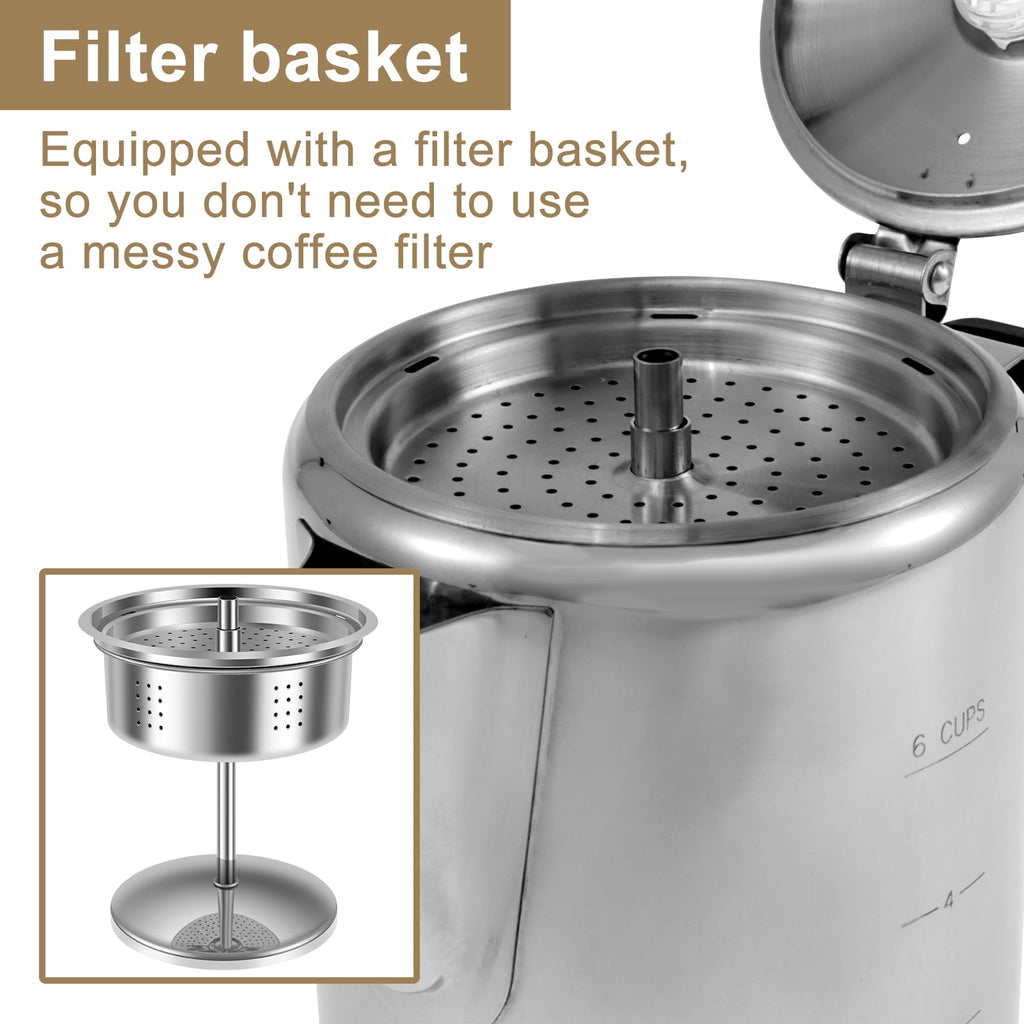 Jetcloudlive Stainless Steel Coffee Percolator 6-Cup Camping Coffee Pot with Glass Knob Portable Percolator Coffee Pot for Campfire or Stove Top Coffee Making