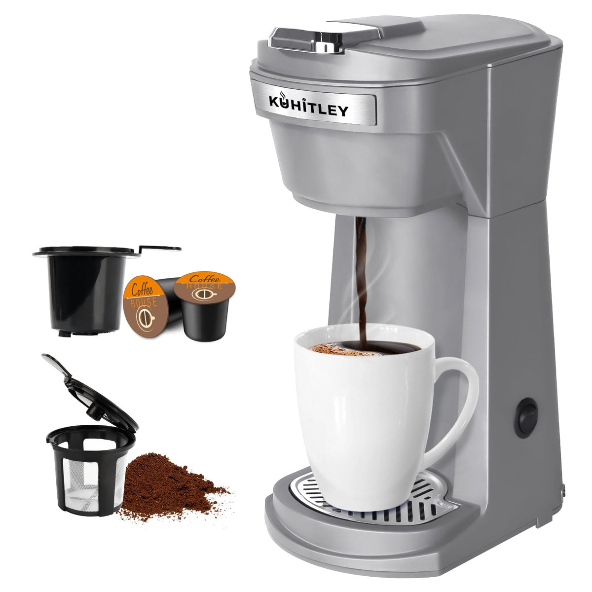 2 in 1 Single Serve Coffee Maker for K Cup Pods & Ground Coffee, Mini K Cup Coffee Machine with 6 to 14 oz Brew Sizes, Single Cup Coffee Brewer with One-Press Fast Brewing, Reusable Filters,Black