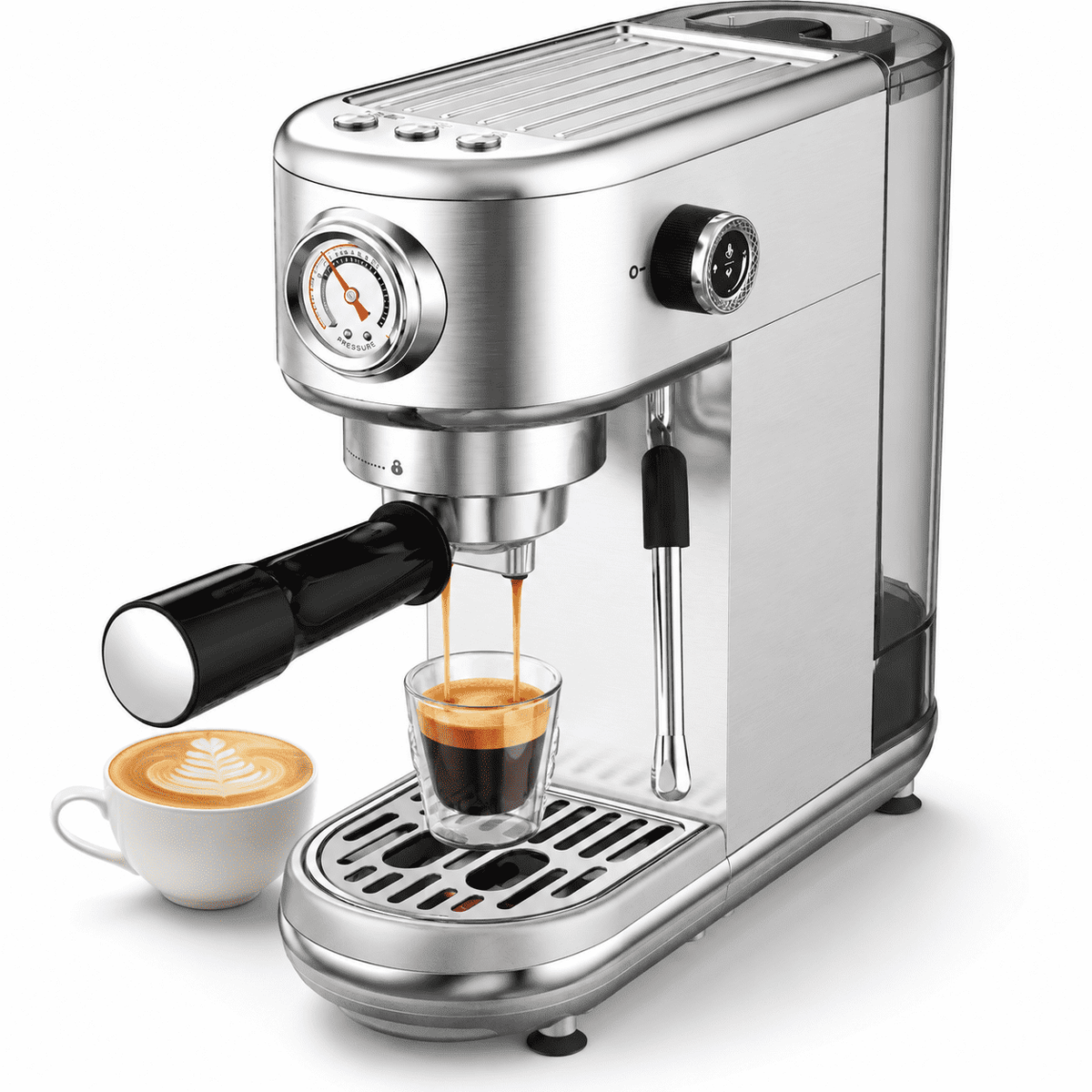 20 Bar Espresso Machine with Milk Frother, Steam Wand & Pressure Gauge, Amumu Compact Stainless Steel Coffee Maker for Cappuccino & Latte, Silver