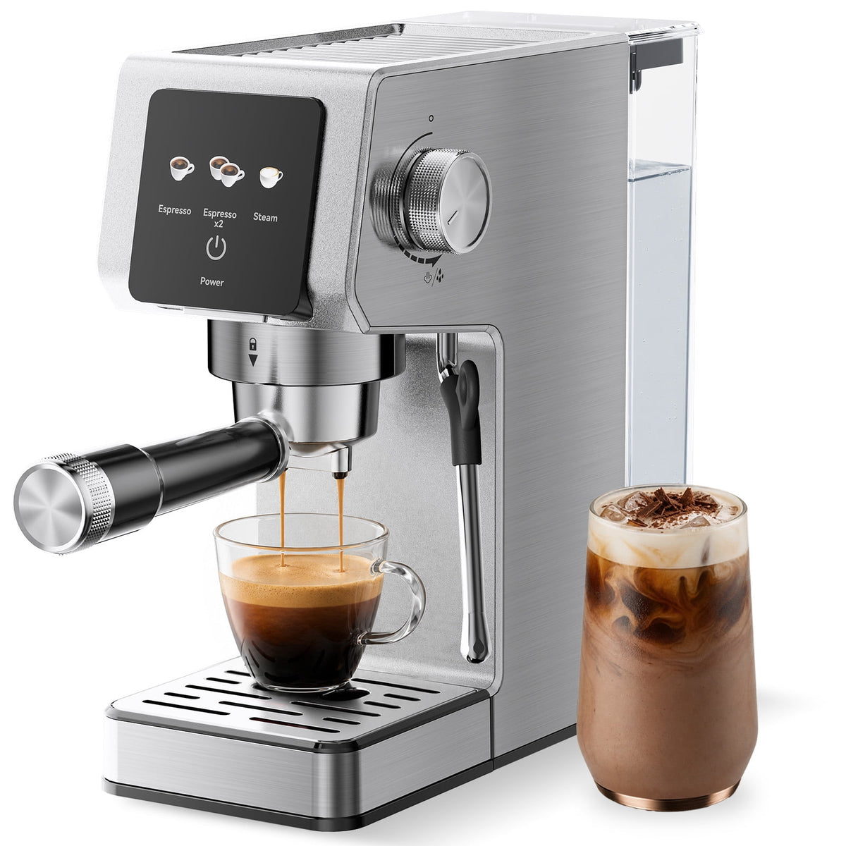 20-Bar Espresso Machine with Rapid Cold Brew, Stainless Steel Coffee Maker, 40oz Removable Water Tank for Cappuccino & Latte, Silver