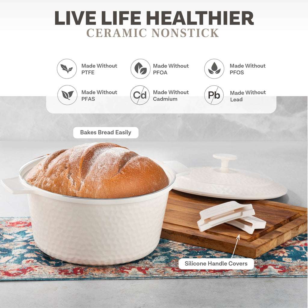 Gotham Steel Ceramic Hammered 5 Qt Lightweight Dutch Oven Pot with Lid & Holders, Oven Safe & Even Heat Retaining Dutch Oven for Bread Baking Sourdough, Soup, 70% Lighter than Cast Iron, Navy