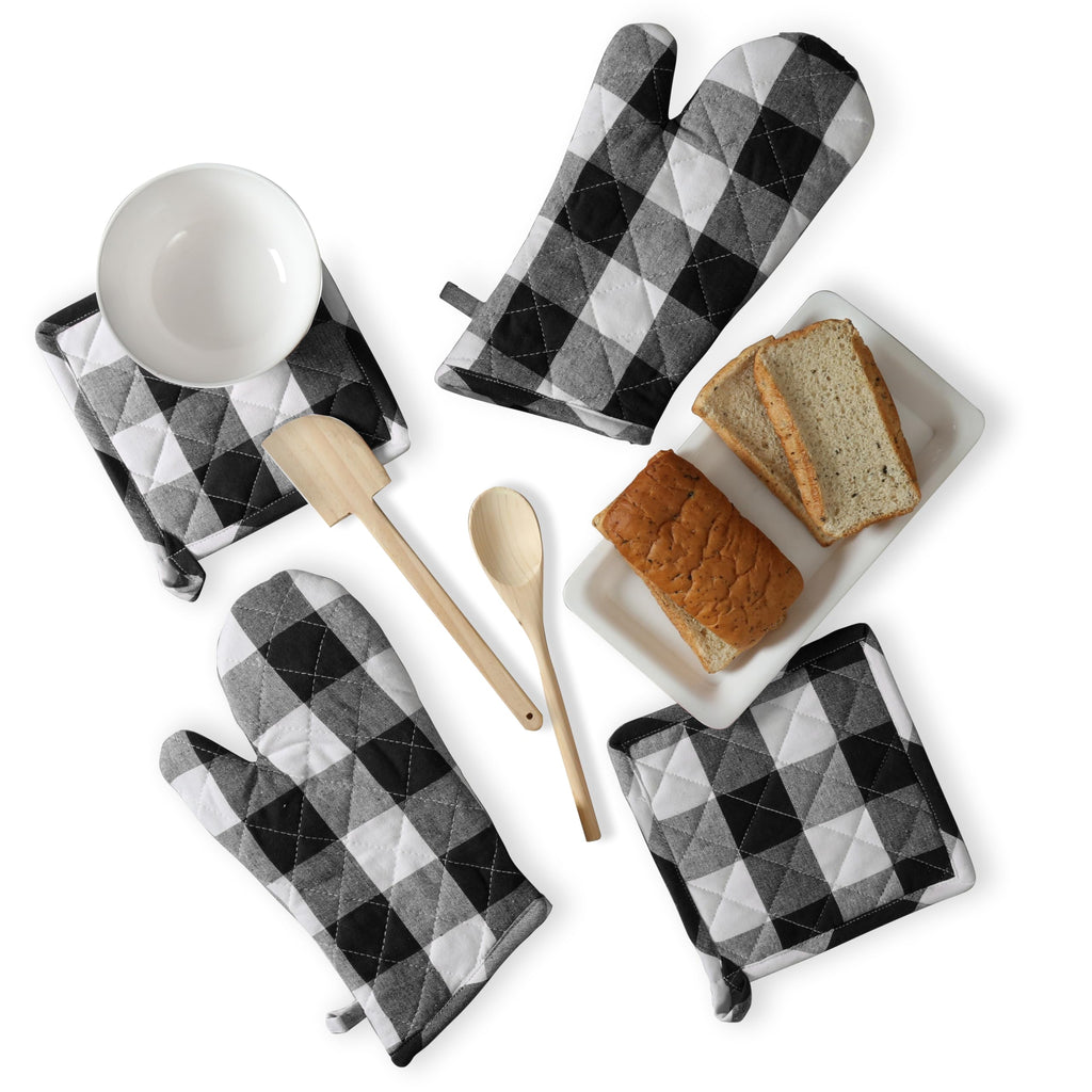 Softopia Cotton Oven Mitt & Pot Holder Buffalo Plaid Check 100% Cotton Heat Resistant Oven Gloves (7"x13") & Hot Pads (8"x8") Combo for Baking, Cooking - Black