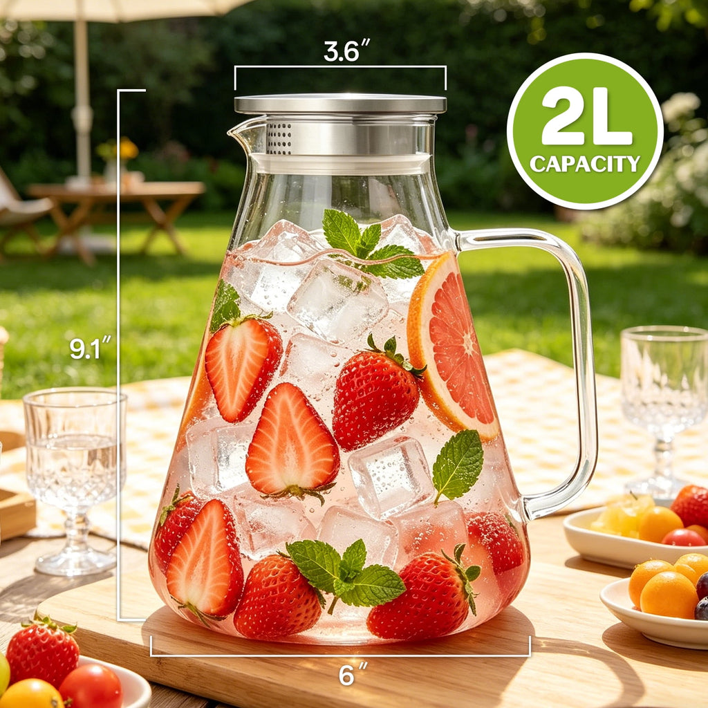 TINANA 68 oz Glass Pitcher with Lid, 2L Borosilicate Water Carafe, Stainless Steel Filter Lid, Iced Tea Lemonade Juice Beverage Jug, Yellow Handle