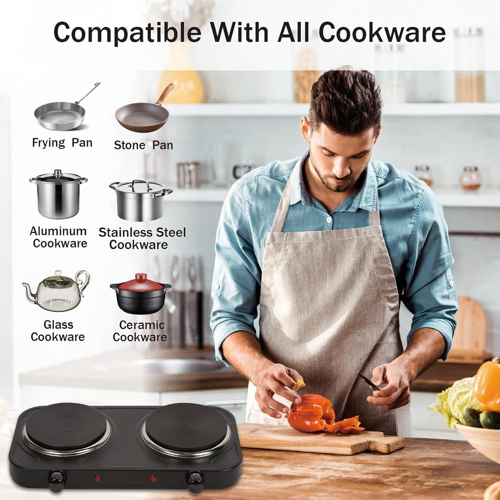 Electric Countertop Double Burner for Cooking, Portable 2000W Countertop Cast Iron Stove Burner, Hot Plate Temperature Controls with 5 Adjustable for RV/Home/Camp, Black