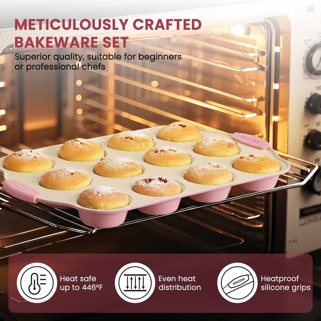 Kikcoin Bakeware Set, 21-Piece Baking Pans Set Kitchen Carbon Steel Baking Sheet Pans with Silicone Handles, Cookie Sheets Nonstick(Beige)