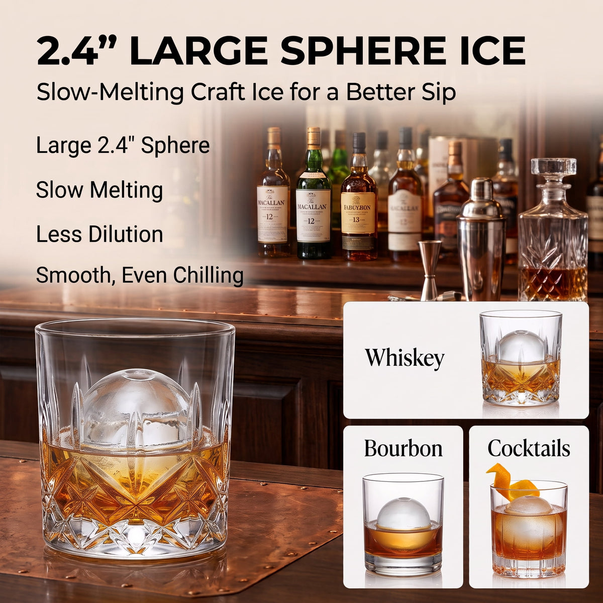 RIOXC Spherical Ice Maker, 2.4" Large Sphere Ice Ball Maker 108 Pcs/24H with Self-Cleaning Countertop Craft Ice for Whiskey Cocktails & Home Bar