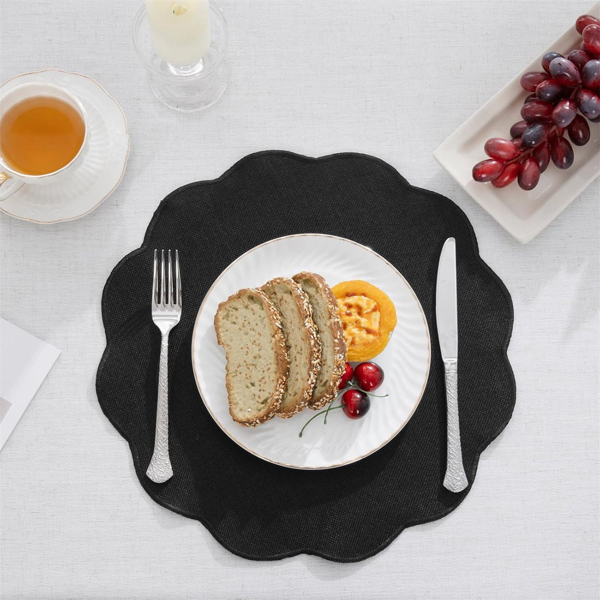 Ileading Scalloped Round Placemats Set of 6 Polyester Linen Blend Washable Non Slip Place Mats Easy Clean Heat Resistant Table Mats for Kitchen Dining Table Decor