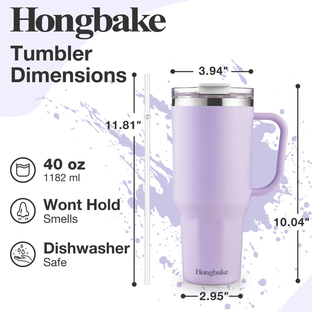 HONGBAKE 40 oz Tumbler with Handle and Straw Lid, Insulated Stainless Steel Tumbler, Travel Mug Fits Cup Holder, Dusty Lavender