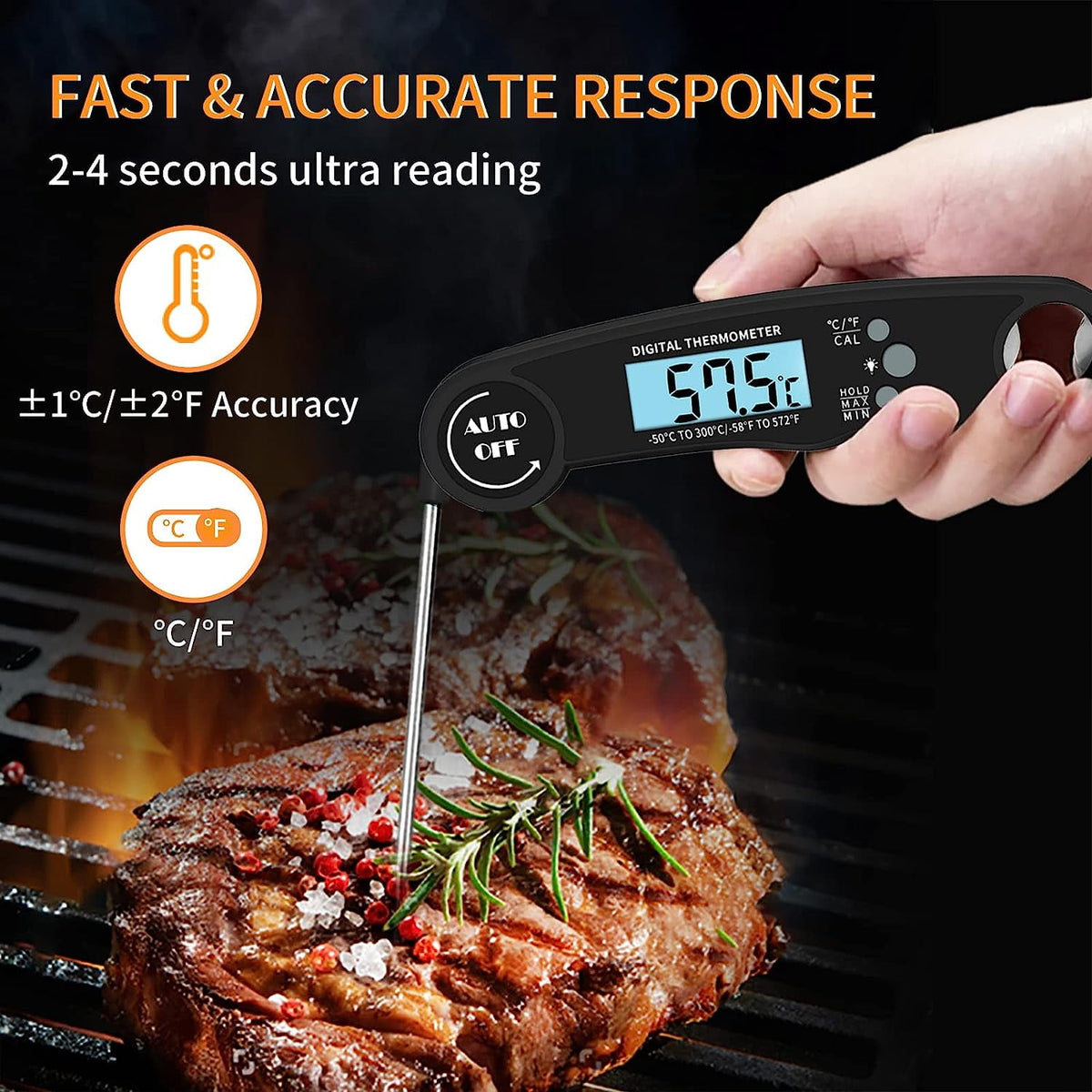 Yezivo Waterproof Meat Thermometer with Magnet, LED Display and Stainless Steel Probe, Instant Read Food Thermometer for Baking, Liquids, Candy, Grill Thermometer for Kitchen,BBQ,Party