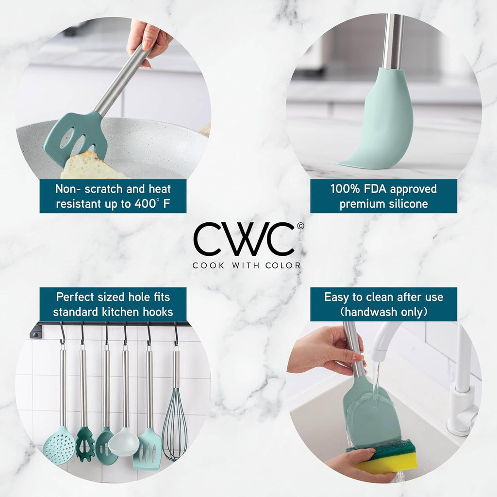 COOK WITH COLOR Kitchen Utensils Set, 10-Piece Cooking Utensils with Holder, Teal