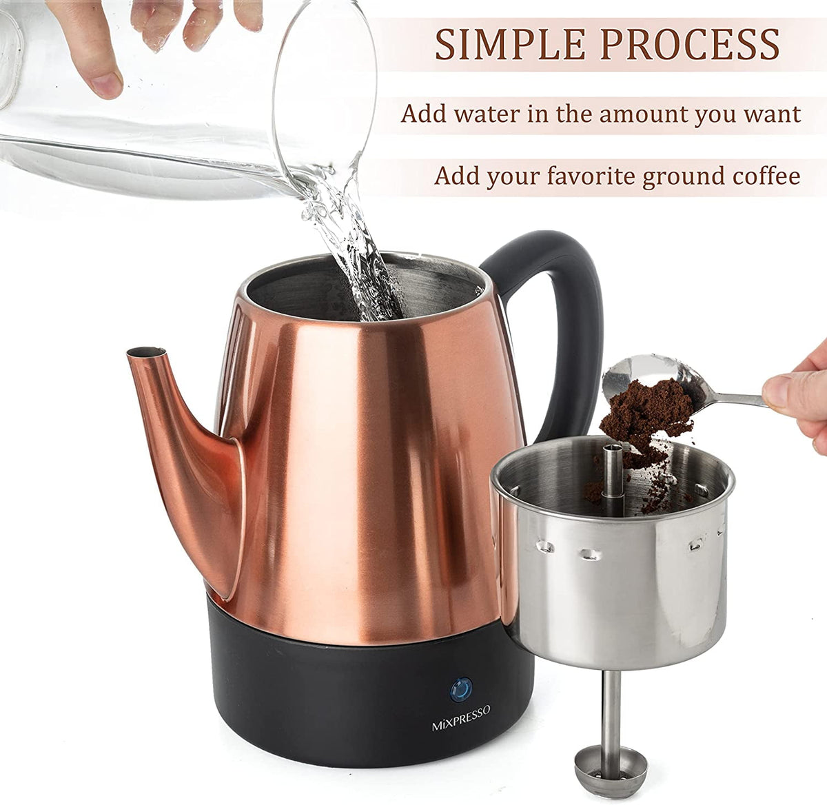 Mixpresso Percolator Coffee Pot Electric 10 Cup, Stainless Steel Coffee Maker, Coffee Percolator Electric With Keep Warm Function, 10 Cups Stainless Steel Perculator With Basket (Shiny Blue)