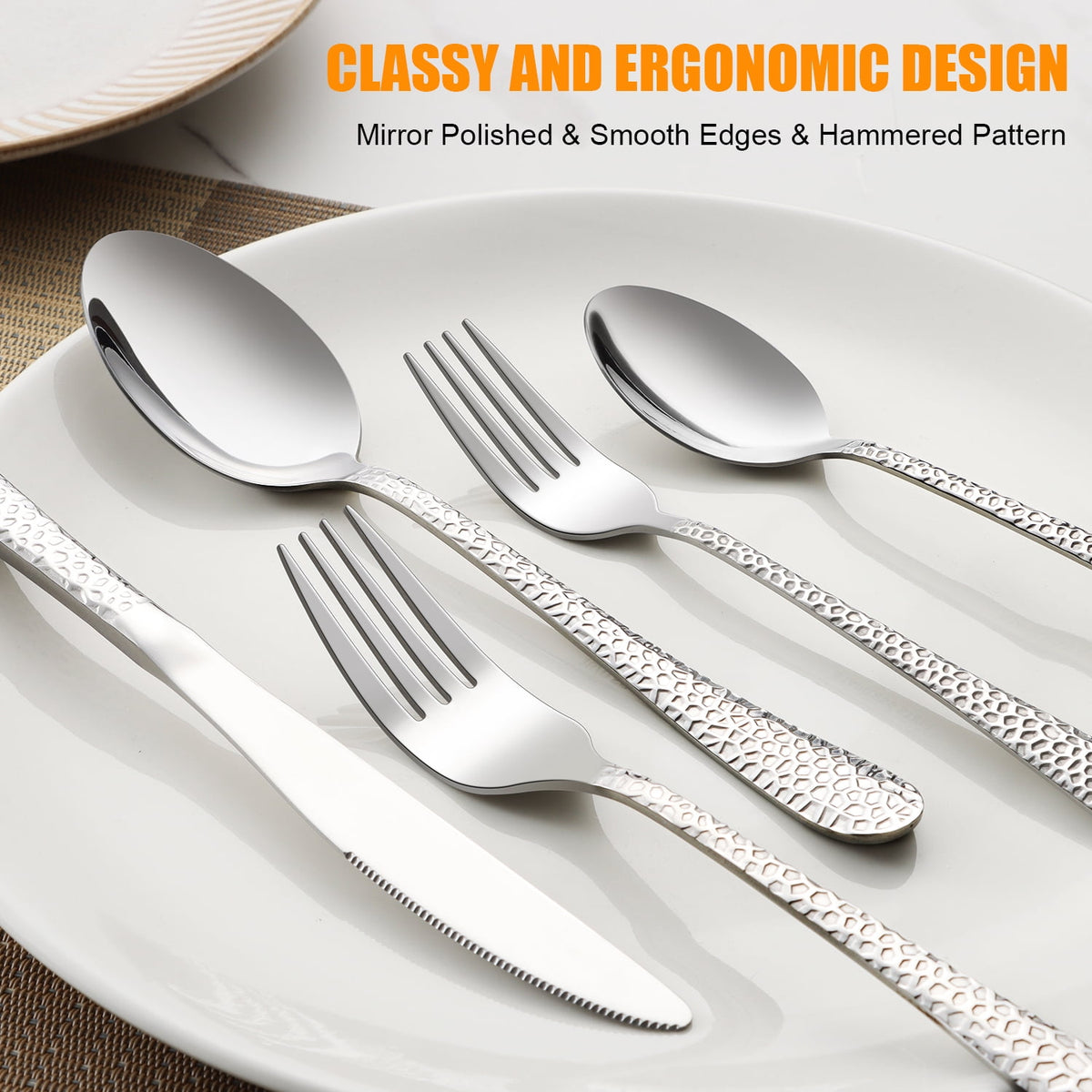 Vesteel Hammered Silverware Set, 40-Piece Stainless Steel Flatware Cutlery Set for 8, Includes Knives, Forks, Spoons, Mirror Polished & Dishwasher Safe