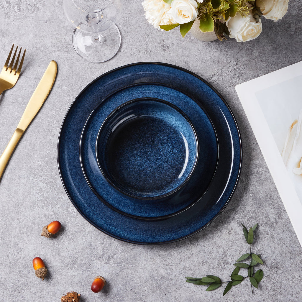 Vesteel Dinnerware Sets for 4, 12-Piece Stoneware Dish and Bowls Set, Handmade Reactive Glaze Coupe Plates Set for Family, Chip & Scratch Resistant - Matte Black