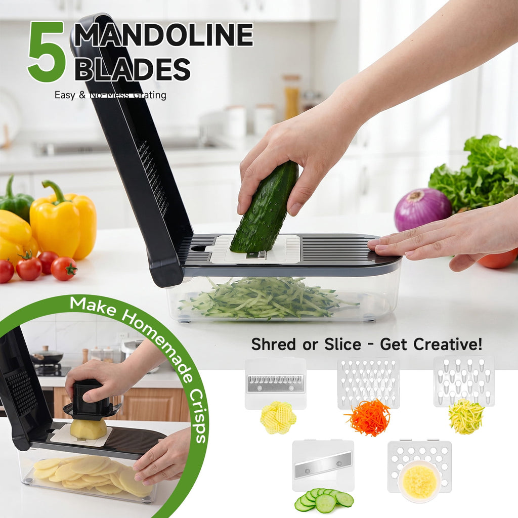 Honhorrs Vegetable Chopper Mandoline Slicer with Container, Food Veggie Chopper, Cheese Grater, Onion Vegetable Cutter for Kitchen Gadgets & Gifts, Home Essentials (9-in-1, Black)