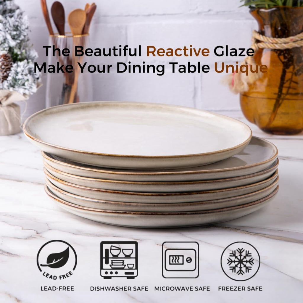 AmorArc Ceramic Dinner Plates Set of 6,10.5 Inch Handmade Reactive Glaze Stoneware Plates,Large Rustic Shape Dinnerware Dish Set for Kitchen, Microwave & Dishwasher Safe,Scratch Resistant-Pearl White