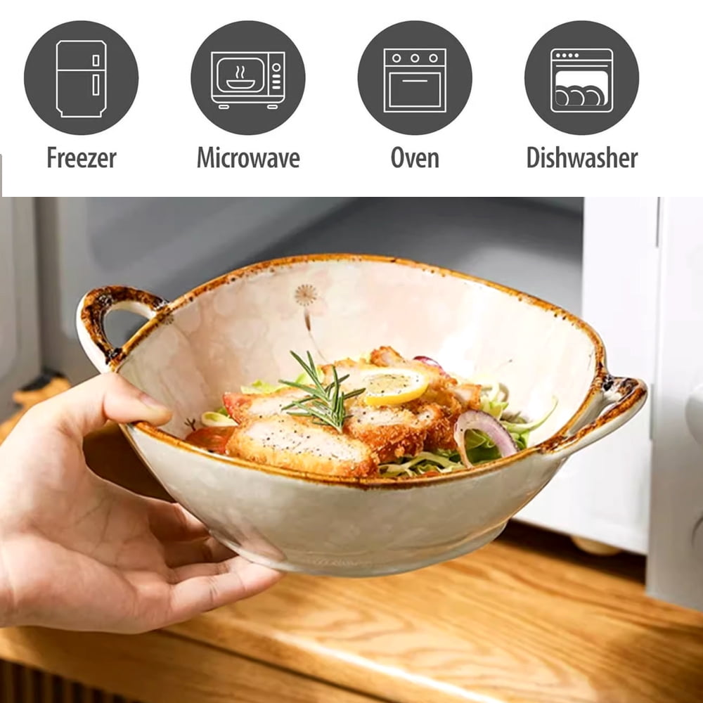MYVIT Decorative Serving Bowl - 24oz Ceramic Soup Bowl with Handle Ramen Bowl for Salad,Pasta,Cereal,700ML Porcelain Stoneware Kitchen Dish