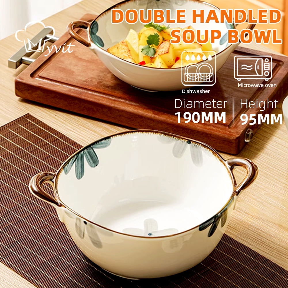 MYVIT Decorative Serving Bowl - 24oz Ceramic Soup Bowl with Handle Ramen Bowl for Salad,Pasta,Cereal,700ML Porcelain Stoneware Kitchen Dish