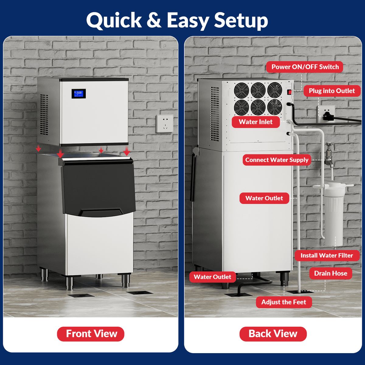RIOXC Split Commercial Ice Maker Machine 650LBS/24H with 350lbs Ice Bin, Nugget Ice Makers Commercial, Clear Cube Pellet Ice Maker, Fast Ice Maker Ice-Ready in 8-15mins