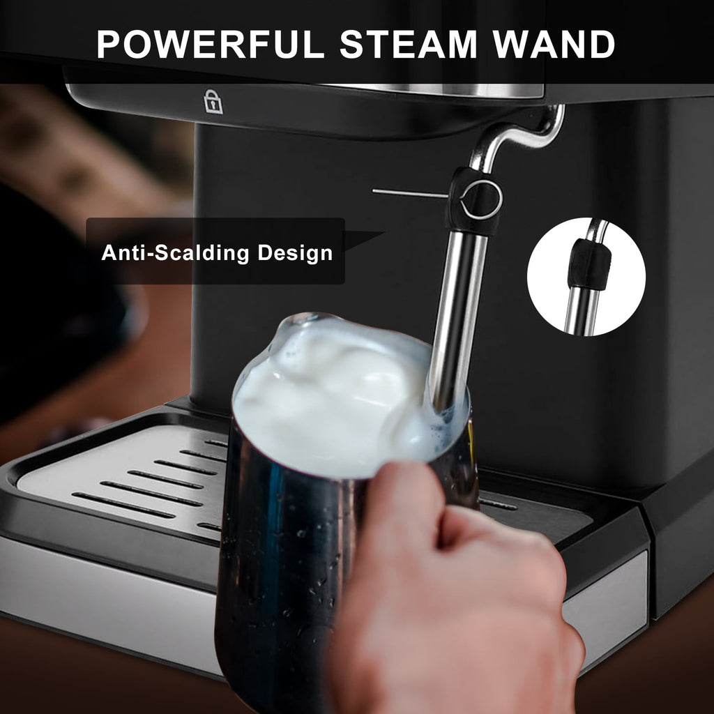 Fyydes Espresso Machine 20 Bar, 1.5L Water Tank with Milk Frother Steam, Stainless Steel Coffee Maker for Espresso, Latte, Mocha, Americano, 1050W, Silver
