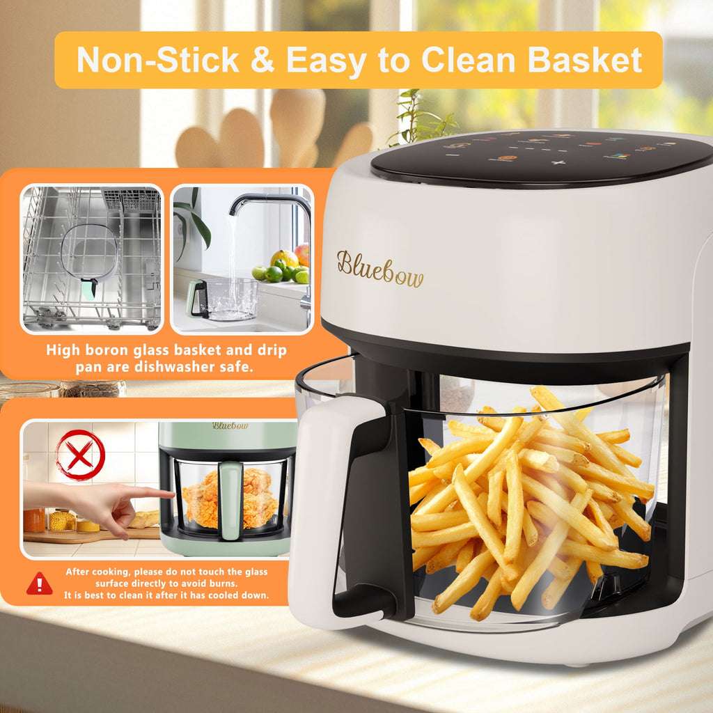 Bluebow 5 Quart Air Fryer with 360° Viewing Glass Pot, 8-in-1 Digital Touchscreen, Nonstick & Dishwasher Safe Basket, Less Oil, 1350W (White)