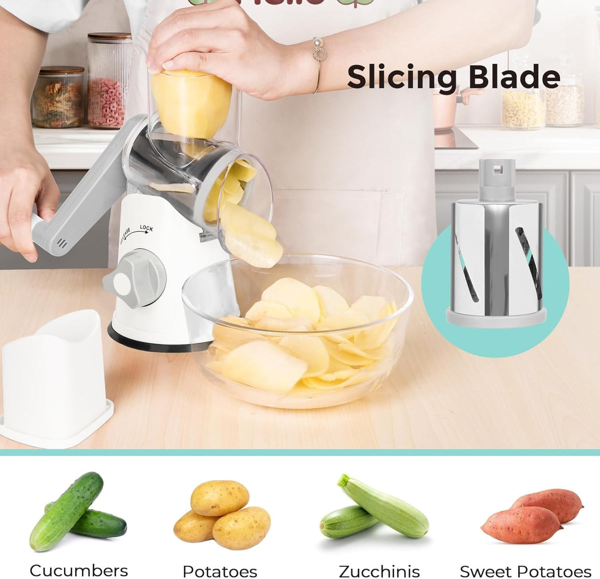 Premium Rotary Cheese Grater, Manual Cheese Grater for Kitchen, Handheld Vegetables Slicer Cheese Shredder with Rubber Suction Base, 3 Stainless Drum Blades Included,Blue
