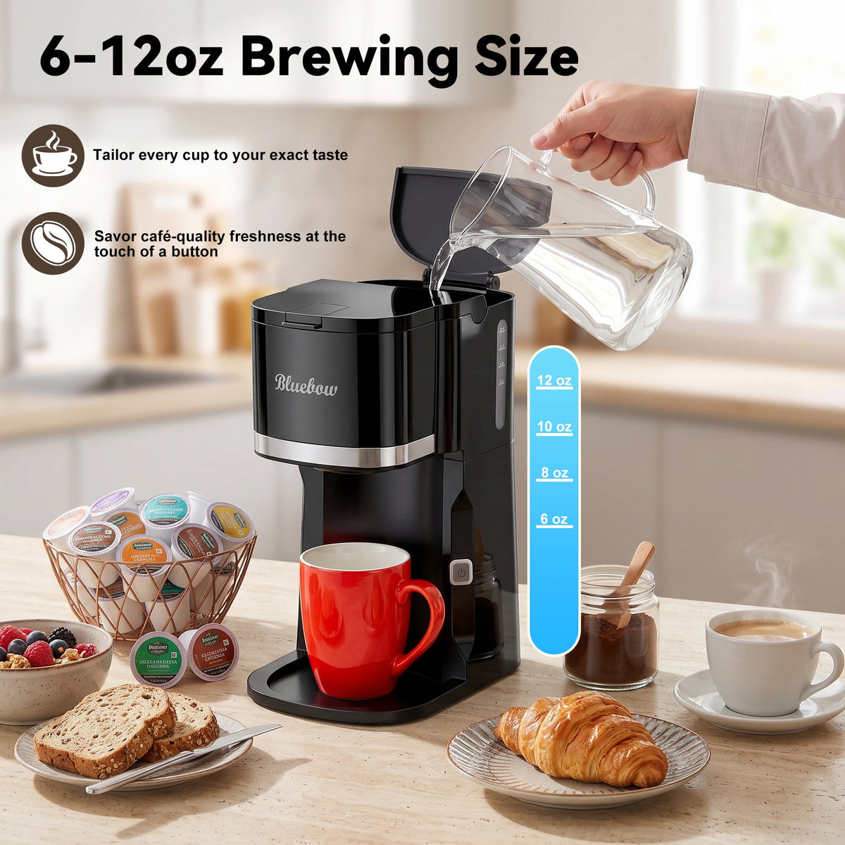 3 in 1 Single Serve Coffee Maker, Instant Coffee Maker One Cup for K Cup & Ground Coffee & Tea, Capsule Coffee Machine with 6-12oz Brew Size Reservoir, Fast Brewing and One Button, Black