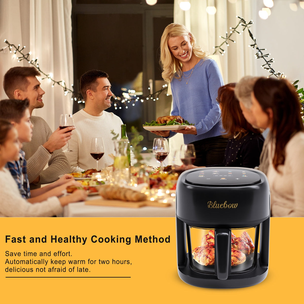 Bluebow 5 Quart Air Fryer with 360° Viewing Glass Pot, 8-in-1 Digital Touchscreen, Nonstick & Dishwasher Safe Basket, Less Oil, 1350W (White)