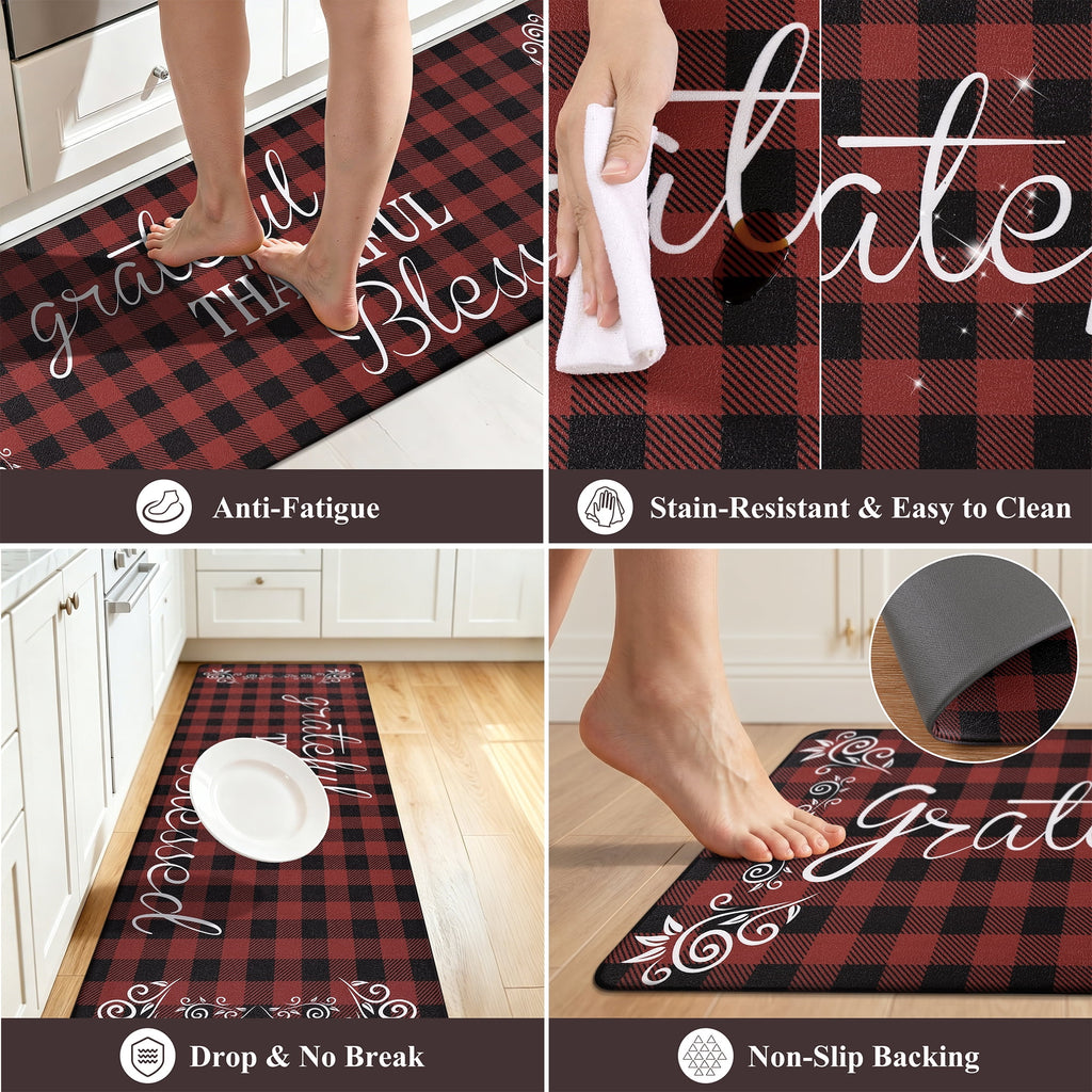MeyJey Farmhouse Kitchen Rug Set of 2, Non-Slip Anti-Fatigue Waterproof Cushioned Mat for Kitchen, Dining & Laundry Room, 18"x30"+18"x48" Teal/Brown