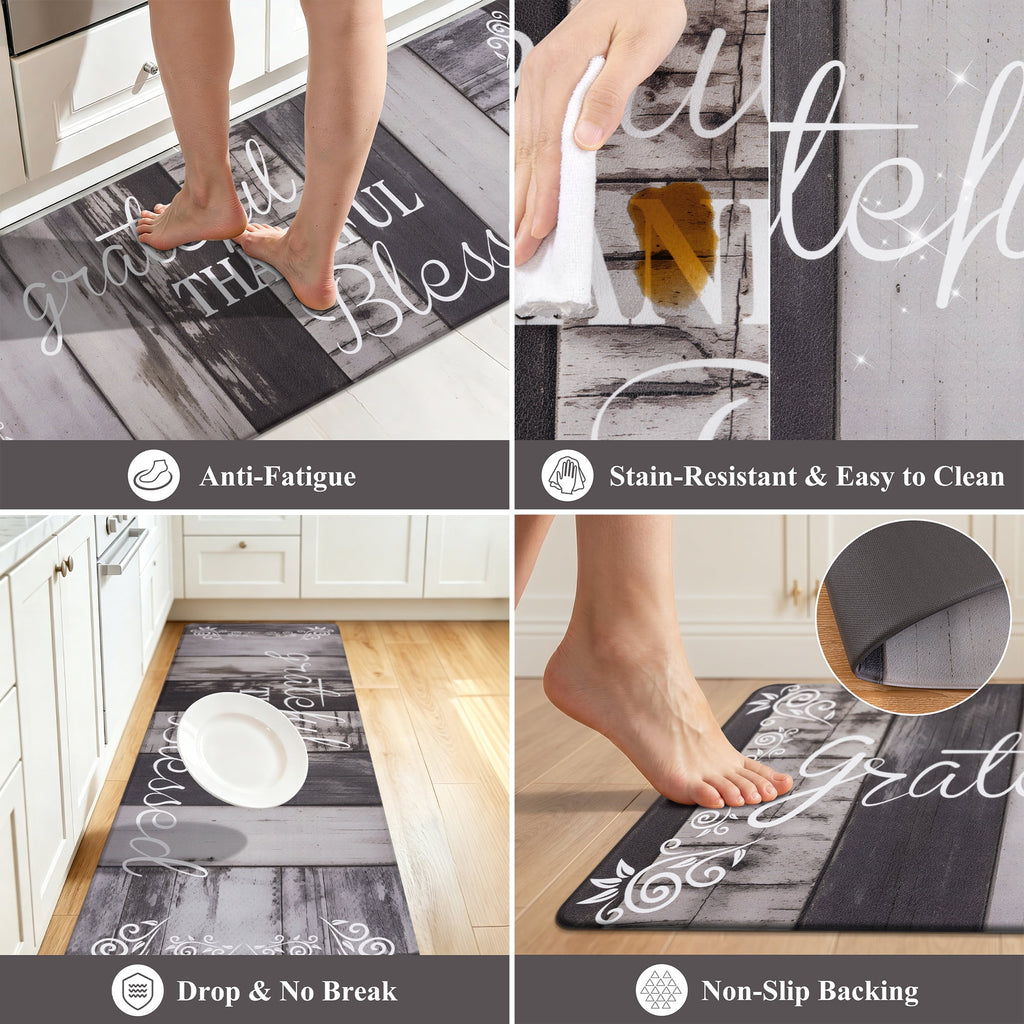 MeyJey Farmhouse Kitchen Rug Set of 2, Non-Slip Anti-Fatigue Waterproof Cushioned Mat for Kitchen, Dining & Laundry Room, 18"x30"+18"x48" Teal/Brown